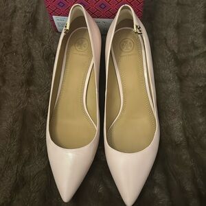 Tory Birch sea shell pink kitten heels.